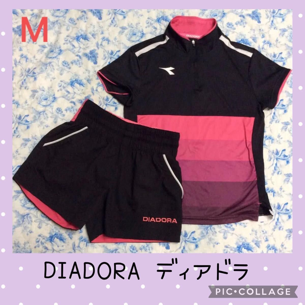 値下げ　DIADORAディアドラ　テニスウェア　2点セット　セットアップ　黒ピンク