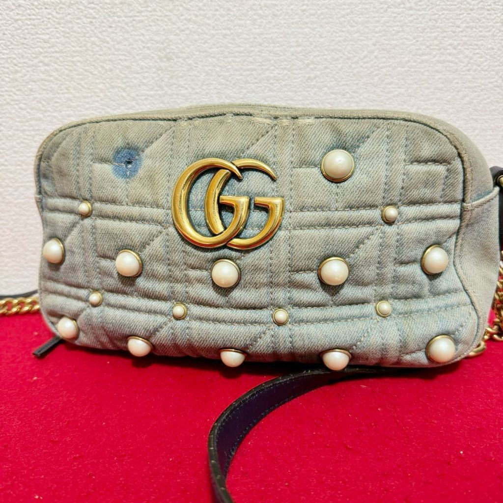 GUCCI グッチ GGマーモント ショルダーバッグ チェーンショルダー デニム パール 日本限定 訳あり_画像2