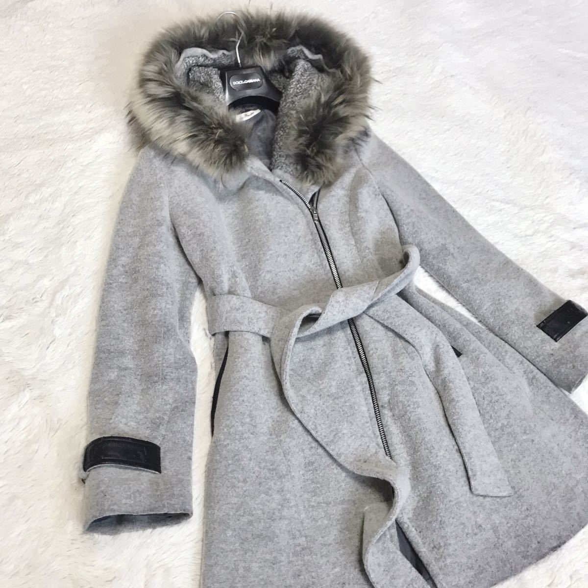 petit poudre small poodle raccoon fur wool coat hood leather jacket blouson outer 