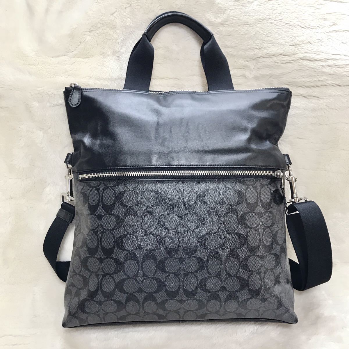 美品 COACH チャールズ シグネチャー 2way トートバッグ ビジネス 黒 コーチメンズ ショルダーバッグ PVCレザー