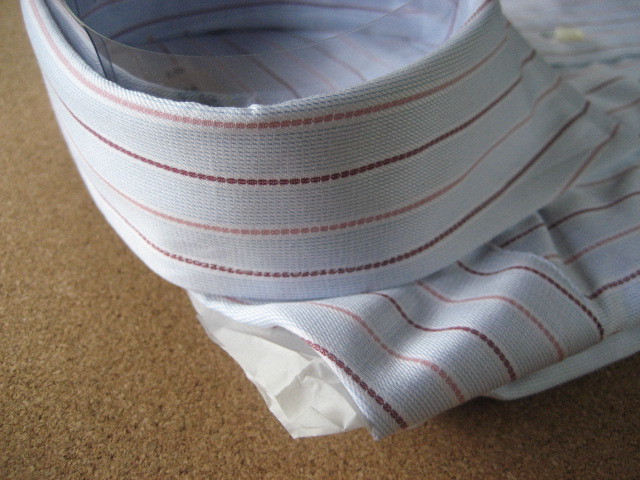 ワイシャツ ブルー×ピンク ストライプ セミワイドカラー 長袖 シャツ 日本製 綿100% (37 S サイズ) 未使用品_ワイシャツ ブルー ストライプ 衿