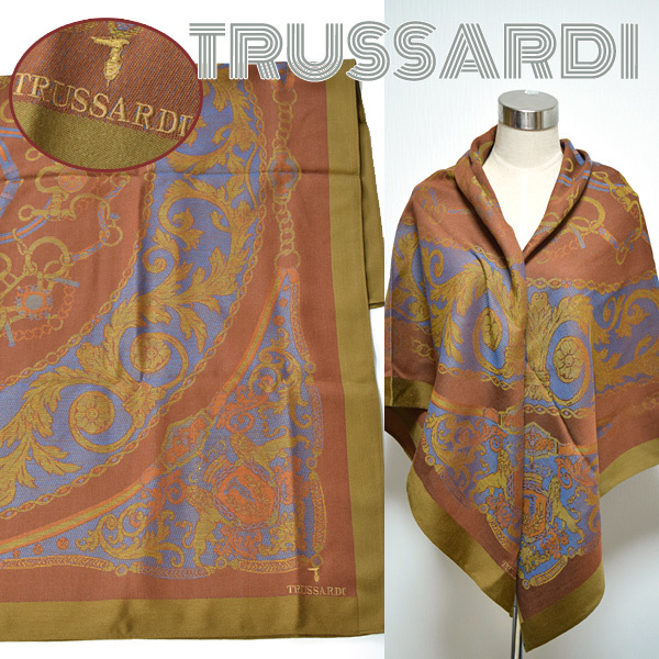 TRUSSARDI■美品　ロゴ刺繍入り大判ストール ショール トラサルディ ウール　ヴィンテージ　ブラウンカーキ_画像1