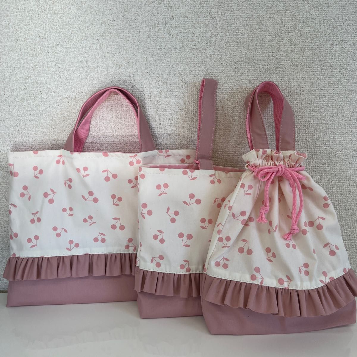 3点セット レッスンバッグ&シューズケース さくらんぼ くすみ 3点セット レッスンバッグ&シューズケース さくらんぼ くすみ