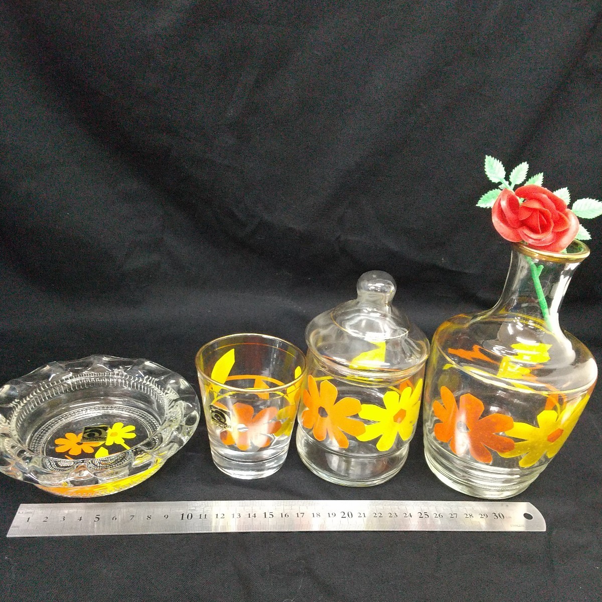 244　中古　ADERIA GLASS　アデリアグラス　S-292　ナイトセット　Glass wear set　花柄　昭和レトロ レトロポップ　石塚硝子　_画像3