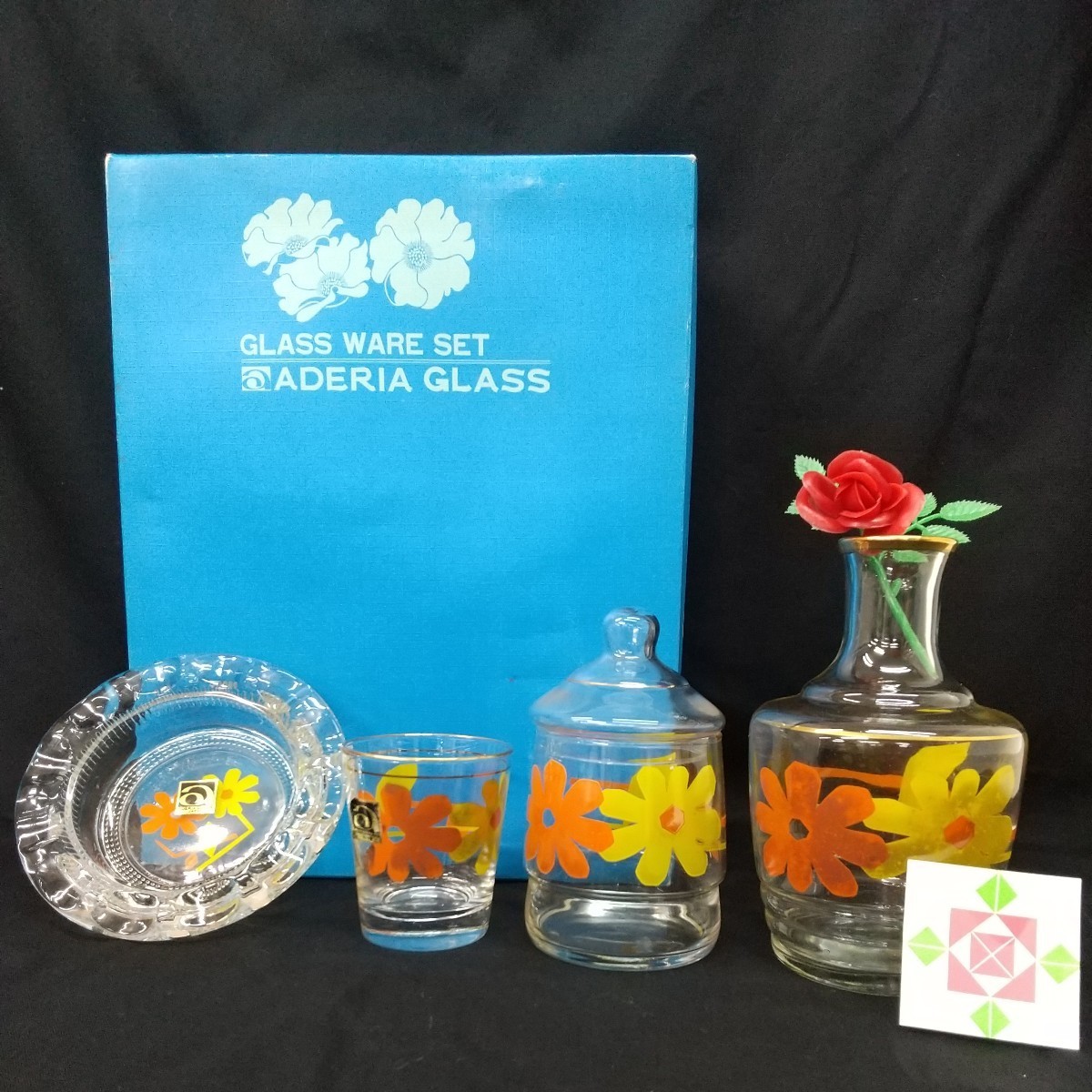 244　中古　ADERIA GLASS　アデリアグラス　S-292　ナイトセット　Glass wear set　花柄　昭和レトロ レトロポップ　石塚硝子　_画像2