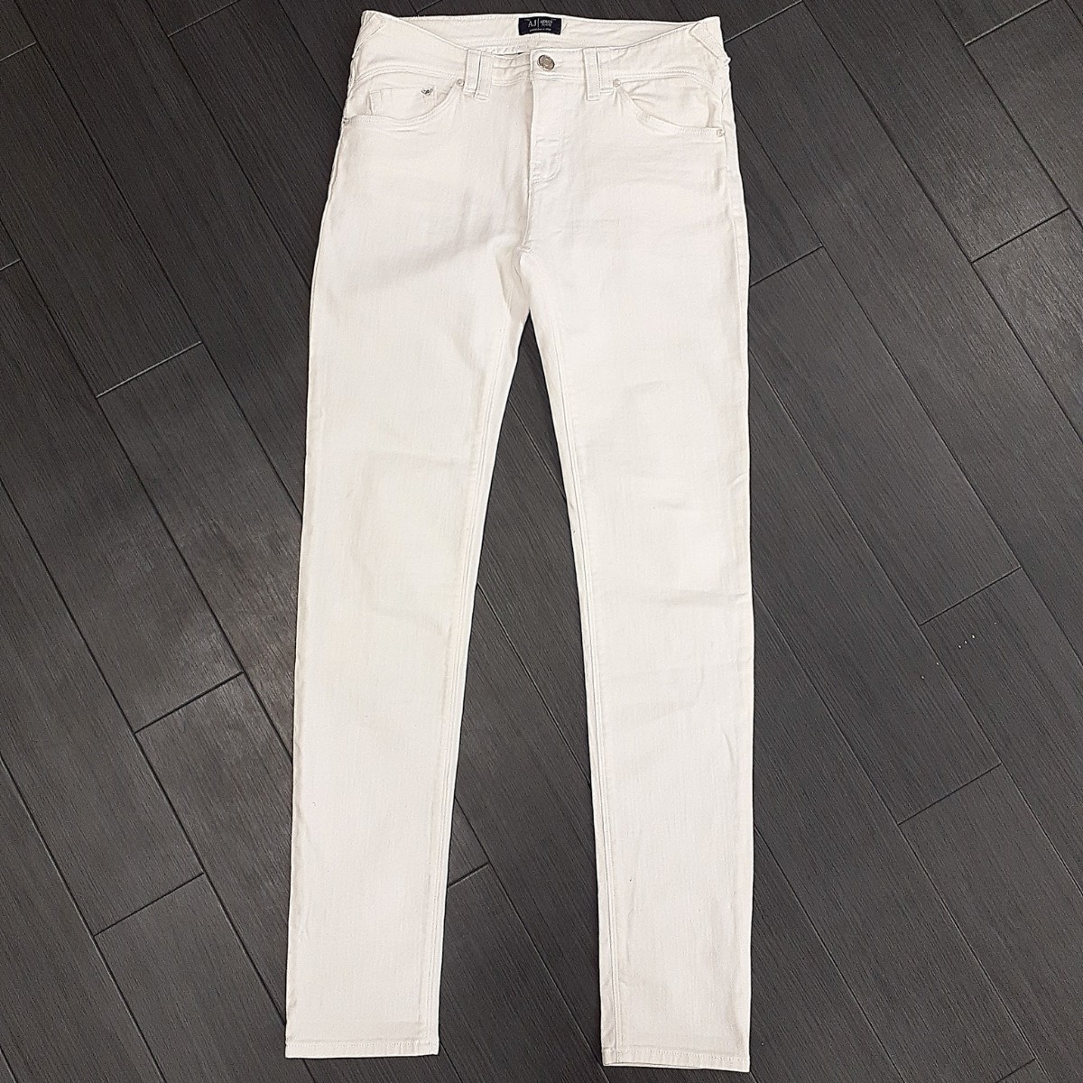 D△【商品ランクB】アルマーニ ジーンズ ARMANI JEANS上質コットン 革パッチ ストレート デニムパンツ size26 レディース ボトムス 婦人服 _画像2