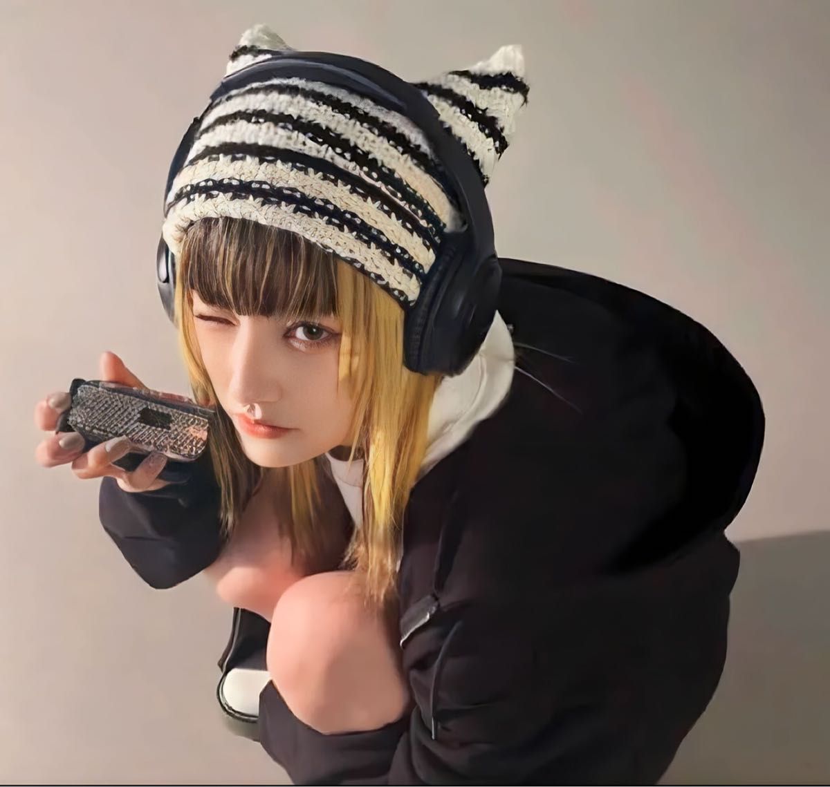 猫耳 ニット帽 帽子 ボーダー 白黒 ホワイト ブラック y2k 地雷 猫耳 ニット帽 帽子 ボーダー 白黒 ホワイト ブラック y2k 地雷