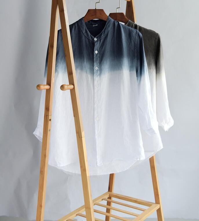長袖シャツ メンズ 七分袖Tシャツ リネンシャツ 麻100％ グラデーション 立ち襟 個性的 トップス スリム サマー 紳士 ブラック M~3XL_画像2