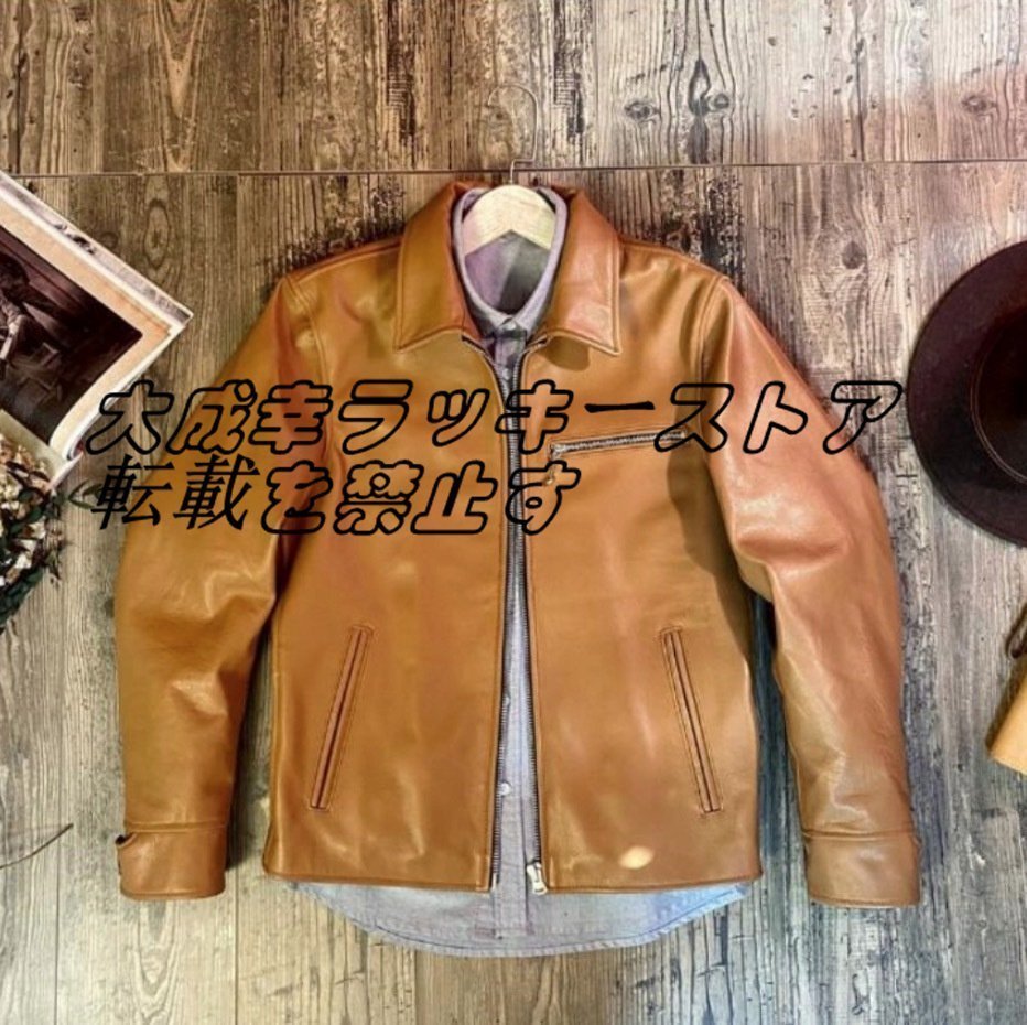 ヴィンテージ復刻デザイン カウレザー シングルライダースジャケット キャメル 革ジャン カフェレーサー S～2XL z1149_画像1