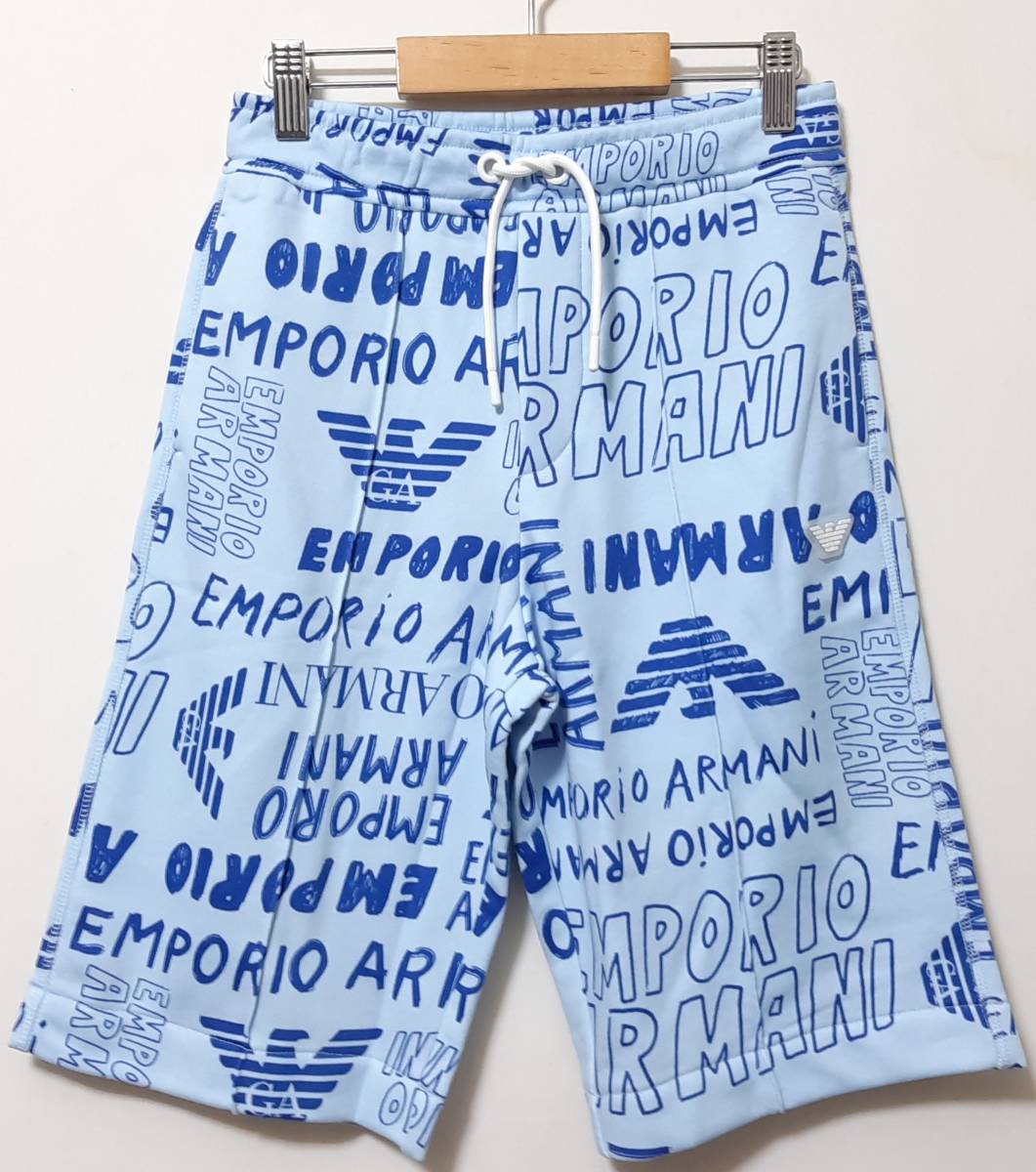 [新品] 10A(10歳) EMPORIO ARMANI / JUNIOR　スウェット素材の総ロゴ入り【ハーフパンツ】◆2023年春夏モデル　男の子用 142cm　◆色：水色_画像1