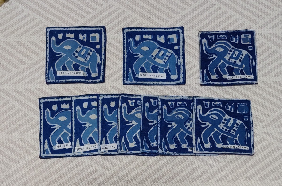 アジアン雑貨 インド製 藍染めプリントコースター (ぞう １０枚)