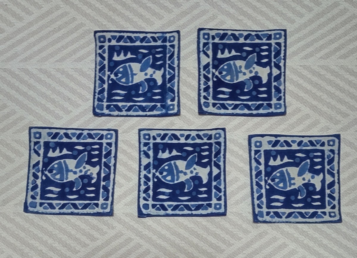 アジアン雑貨 インド製 藍染めプリントコースター (さかな5枚)