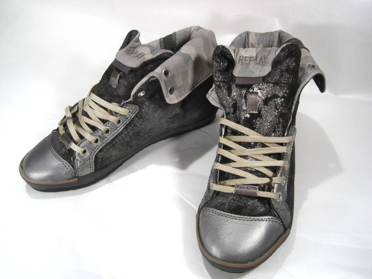 新品　REPLAY Brooke Metal Sneakers DKグレー 24cm GWV14　リプレイ　レディス スニーカー　ハイカット ミドルカット 切替可能_画像2