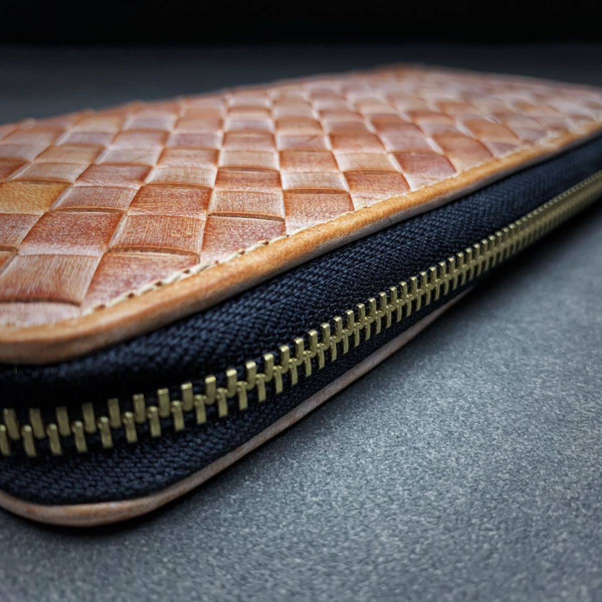 b ride ru leather long wallet ( round fastener / mesh / Ben z part / hand made / aging / hand ../ cow leather / knitting / Brown )
