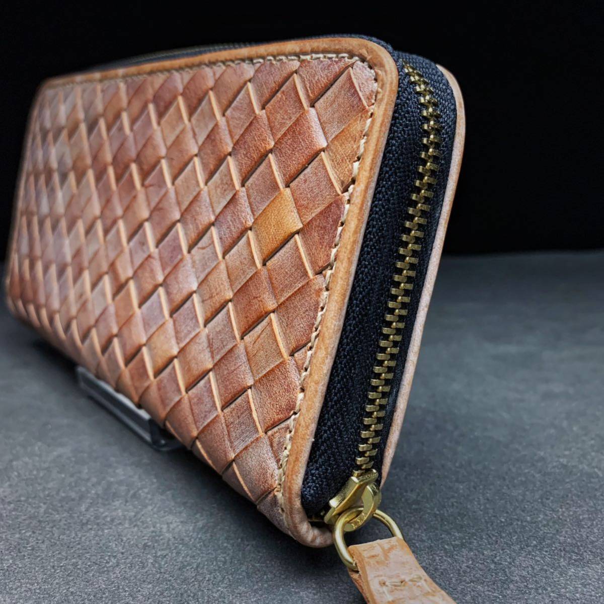 b ride ru leather long wallet ( round fastener / mesh / Ben z part / hand made / aging / hand ../ cow leather / knitting / Brown )
