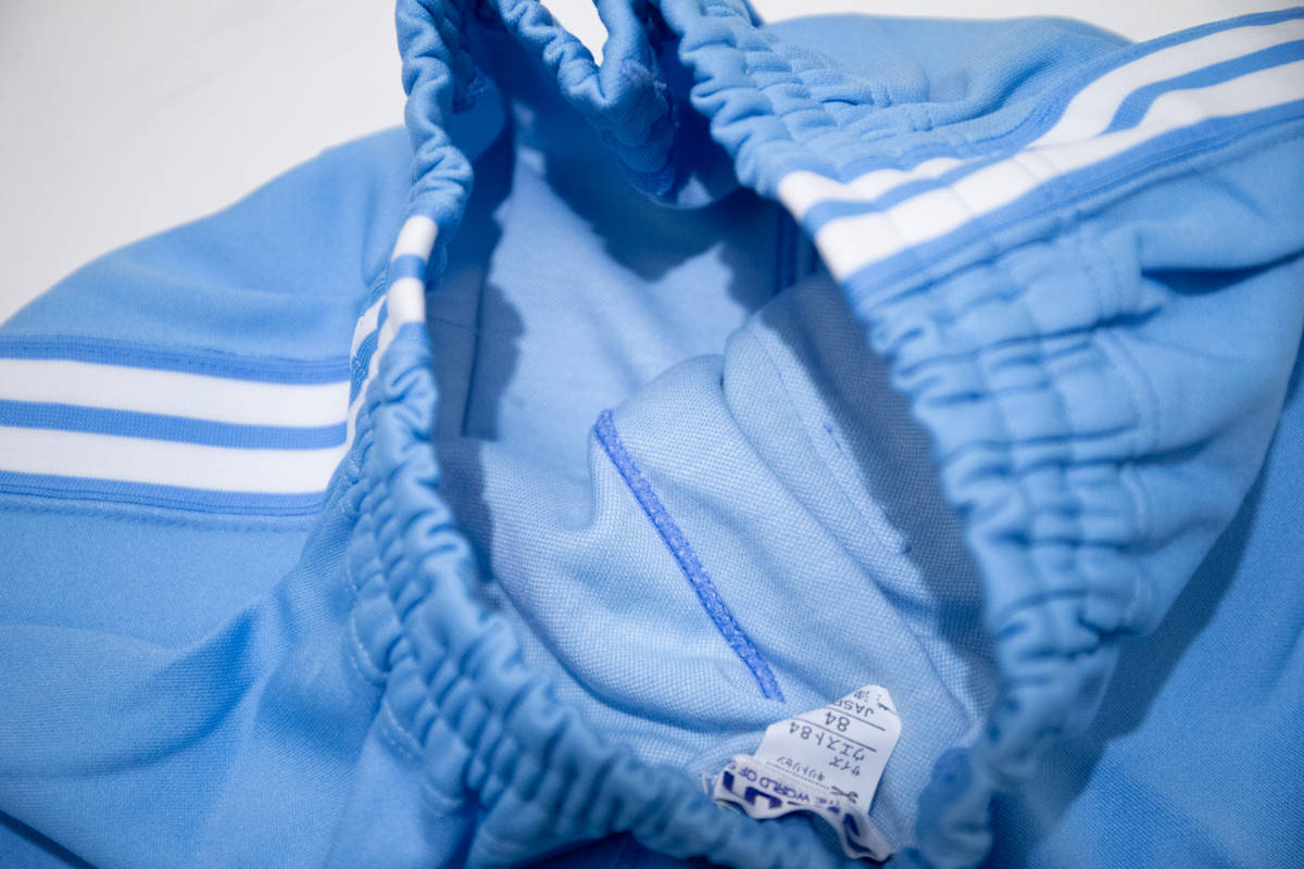 体操服 希少品 カネマス 学校ジャージタイツ ブルー×白2本線 L