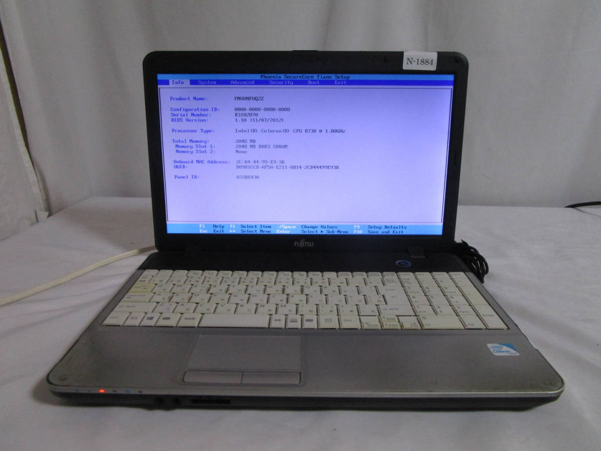 【部品取り ジャンク】FUJITSU LIFEBOOK A512/FX FMVXNFVQ2Z Celeron B730 1.80GHz BIOS起動可/(メモリ・HDD・AC無) 管理番号N-1884_画像1