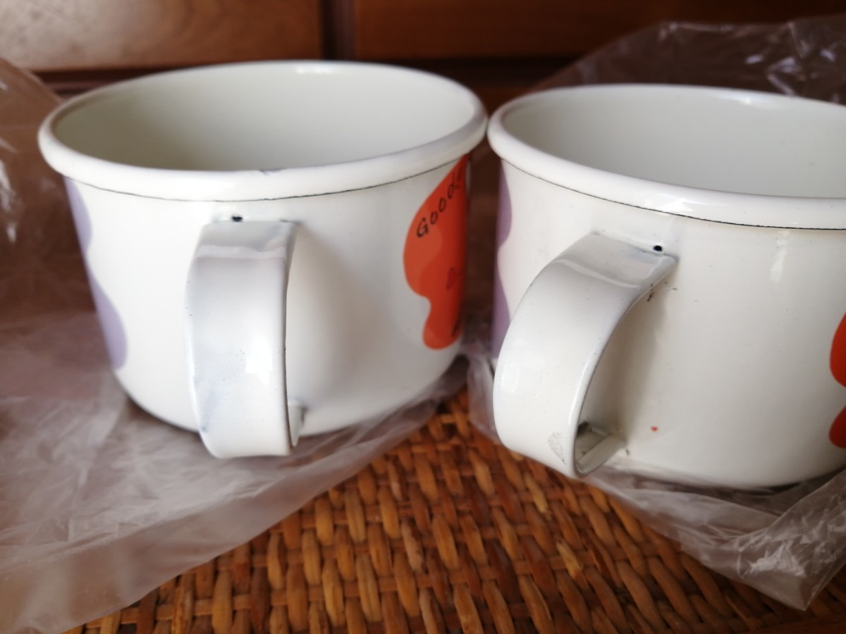 未使用 昭和レトロ ホーロー マグカップ 2個セット 日本製 琺瑯 スープカップ 雑貨 レトロポップ 食器 ビンテージ ペア 70s コーヒーカップ