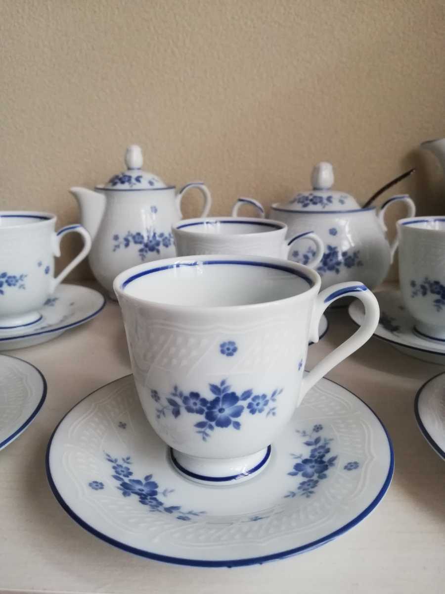 ヴィンテージ Noritake ノリタケ ティーセット カップ&ソーサー コーヒーカップ デミタス 花柄 ブルーホワイト 白 ティーポット 昭和レトロ_画像2