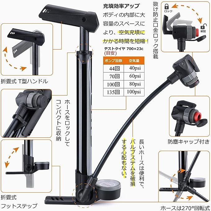 GIYO 自転車 空気入れ 携帯ポンプ 仏式/英式/米式バルブ対応 大型ゲージ付き 120psi 携帯用 軽量 ミニフロアポンプ ロードバイク_画像4