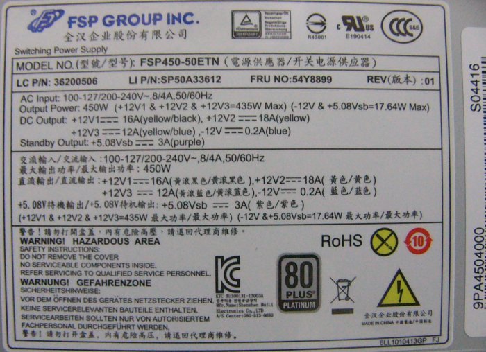 sz13 ThinkStation P410. power supply FSP450-50ETN 450W prompt decision 