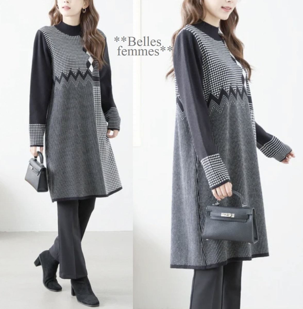 ★Belles*★送料185円★新品M～L*しっとりもっちりニット*アーガイルストライプ*ニット*チュニックワンピース*265黒*オフィススタイルTRUBE_画像4