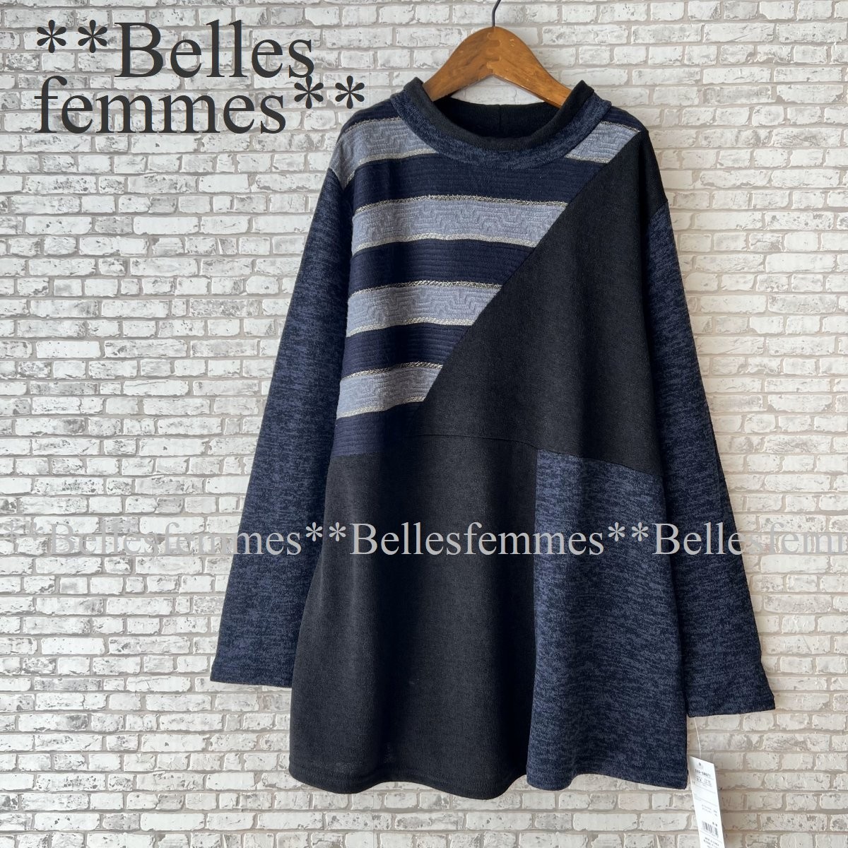 ★Belles*★送料185円★新品M～L*軽くてラクな着心地*ボーダーカラーブロック切替*デイリーニットチュニック*58671*ネイビー×黒×グレー_画像1