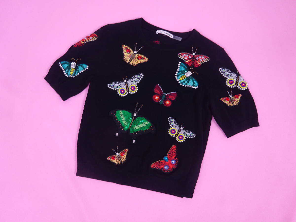 超キュート♪alice＋Oliviaアリスアンドオリビア　Ciara Butterfly Embroidered Sweater蝶々バタフライ刺繍＆ビジュー飾ニットM/Mブラック_画像4