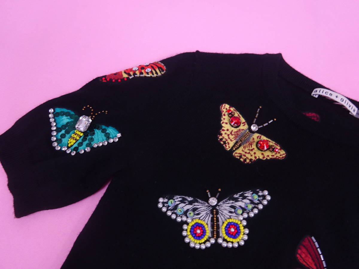 超キュート♪alice＋Oliviaアリスアンドオリビア　Ciara Butterfly Embroidered Sweater蝶々バタフライ刺繍＆ビジュー飾ニットM/Mブラック_画像5