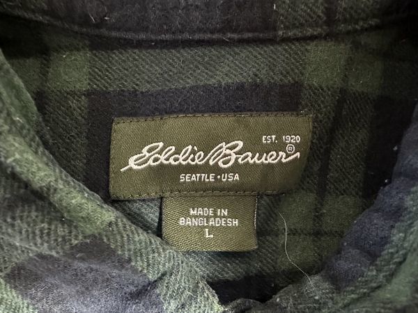 ☆US古着 Eddie Bauer エディバウアー ネルシャツ チェック柄 長袖 シャツ グリーン緑×ネイビー紺【L】コットン       ◆4119◆の画像5