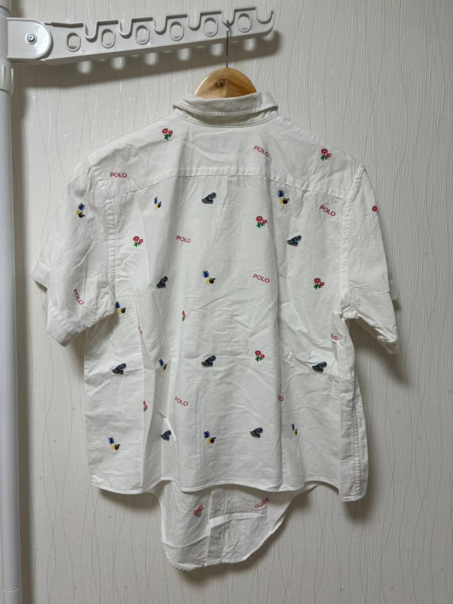 美品☆[POLO RALPH LAUREN] 刺繍 総柄 半袖コットンシャツ M ホワイト ポロラルフローレン_画像2