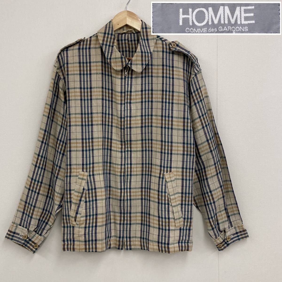 80s デカオム リネン COMME des GARCONS HOMME チェック 丸襟 ジャケット Mサイズ コムデギャルソンオム ブルゾン 麻 VINTAGE archive 1501