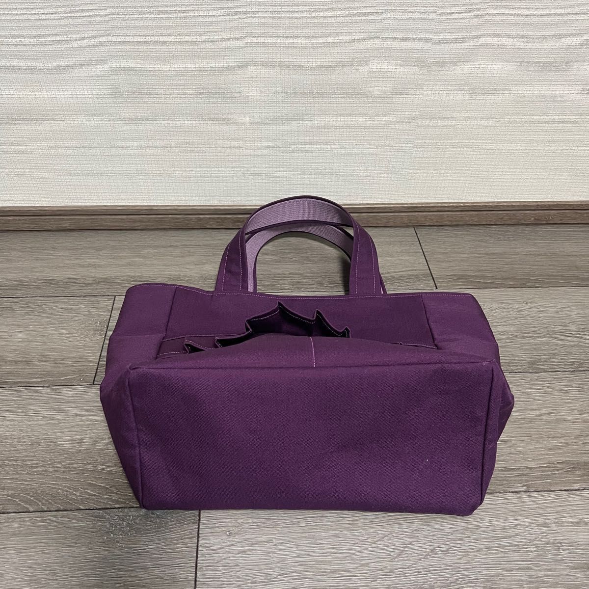 ハンドメイドトートバッグ 紫色11号帆布前後ポケットフリルLsize ハンドメイドトートバッグ 紫色11号帆布前後ポケットフリルLsize