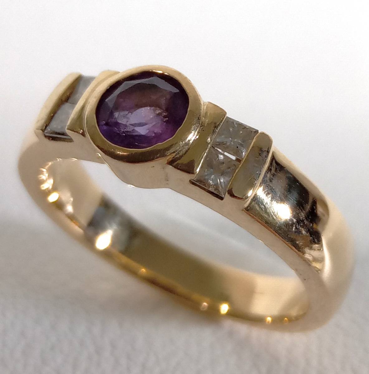 クリスマスツリー特価! K18/ダイヤ入り紫色石付デザインリング/ダイヤ0.18ct/サイズ13号/6.3g イエローゴールド