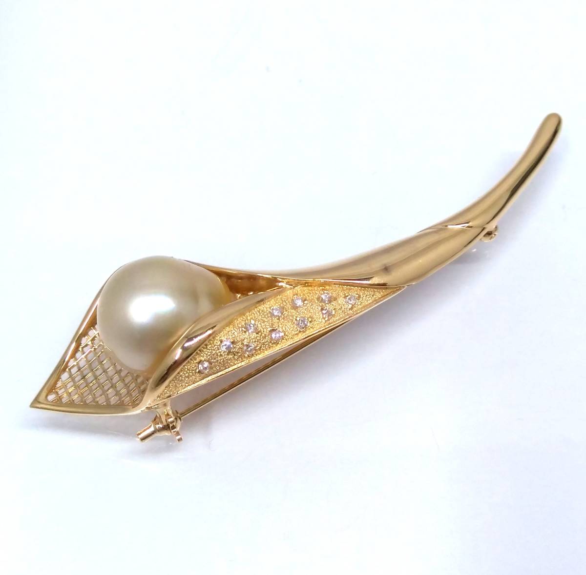 経典 K18 14.7g 約7.4cm×2cm ブローチ 0.08ct ダイヤモンド パール系 ダイヤモンド