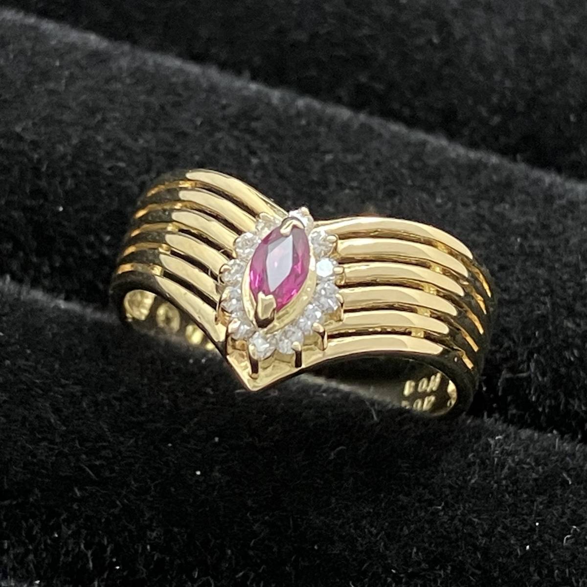 【送料0円】 リング デザイン 0.12ct ダイヤ 0.14ct 赤石 新品仕上済み K18 指輪 ゴールド イエロー 金 3.0g 11.5号 イエローゴールド