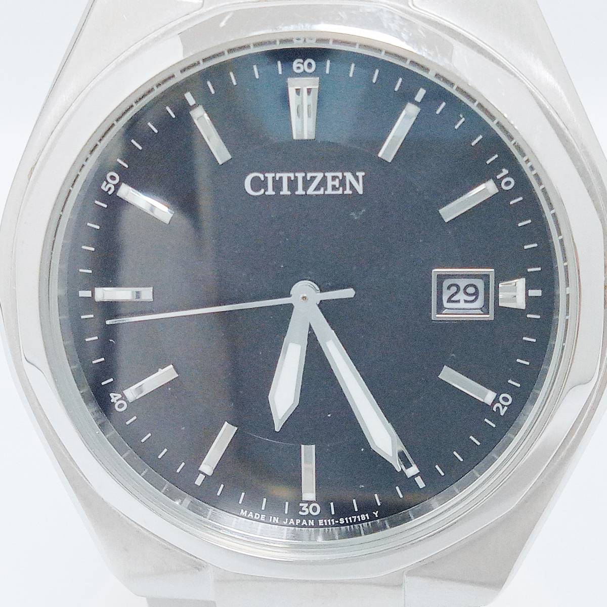 CITIZEN　シチズン　E111-S080703　ソーラー　エコドライブ　デイト　ブラック文字盤　3針　腕周り約19cm　時計