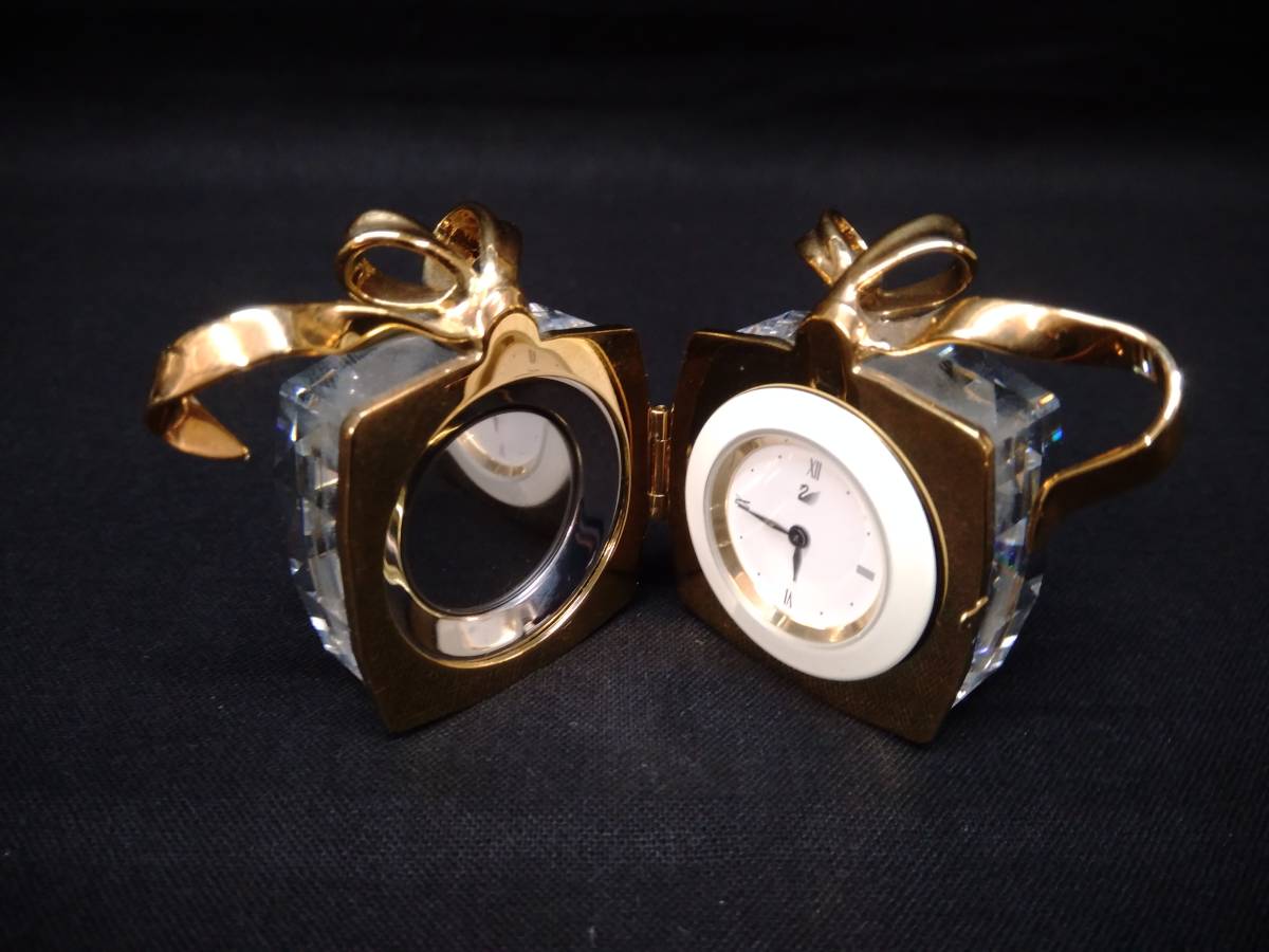 ジャンク スワロフスキー 置き時計 クリスタルガラス ミラー 鏡 プレゼント リボン ゴールド アンティーク インテリア小物 動作不良品の画像1