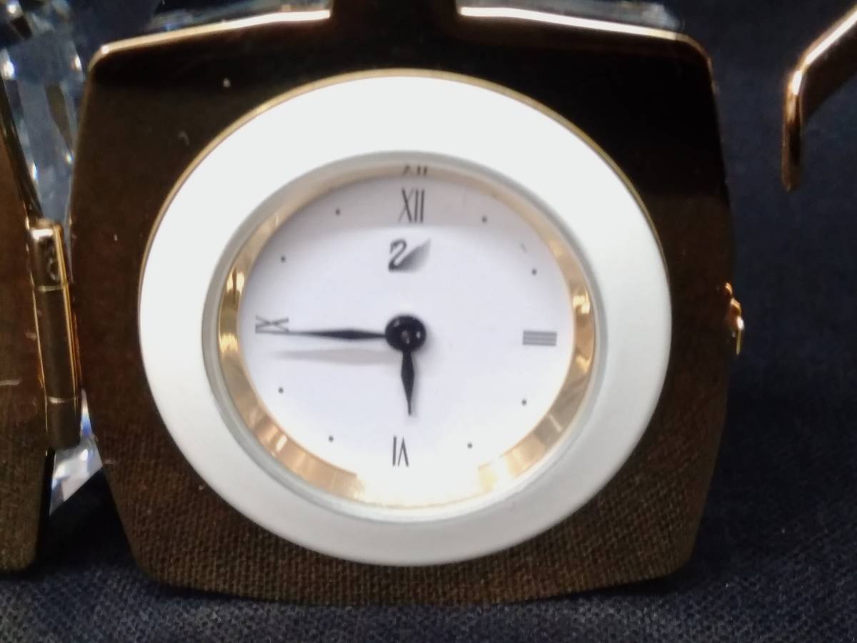 ジャンク スワロフスキー 置き時計 クリスタルガラス ミラー 鏡 プレゼント リボン ゴールド アンティーク インテリア小物 動作不良品の画像3