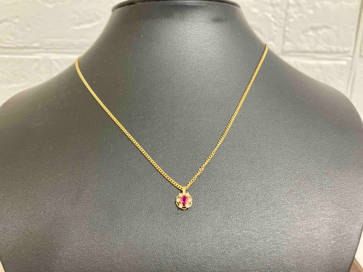 【 大感謝セール】 K18/天然ルビー0.19ct/ダイヤ0.06ct/44cm/デザインネックレス/4.7g 店舗受取可 ルビー