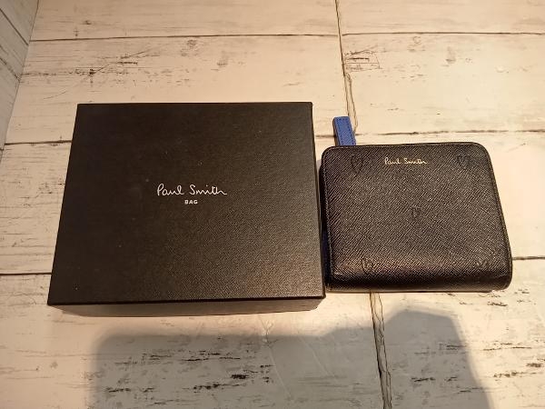 Paul Smith ブラック ハート柄 二つ折り財布 PWU803 スミシーハート 牛革 ポールスミス 機能的 メンズ ユニセックス ブラック×ブルー