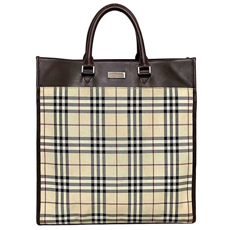 バーバリー トートバッグ ベージュ ブラウン ノバチェック トート チェック キャンバス レザー 中古 BURBERRY_画像1