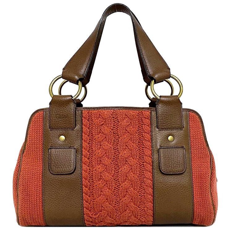 新発売 Chloe 中古 レザー ニット ケーブル編み ゴールド ブラウン オレンジ ハンドバッグ クロエ 異素材 定番 編み込み かばん、バッグ