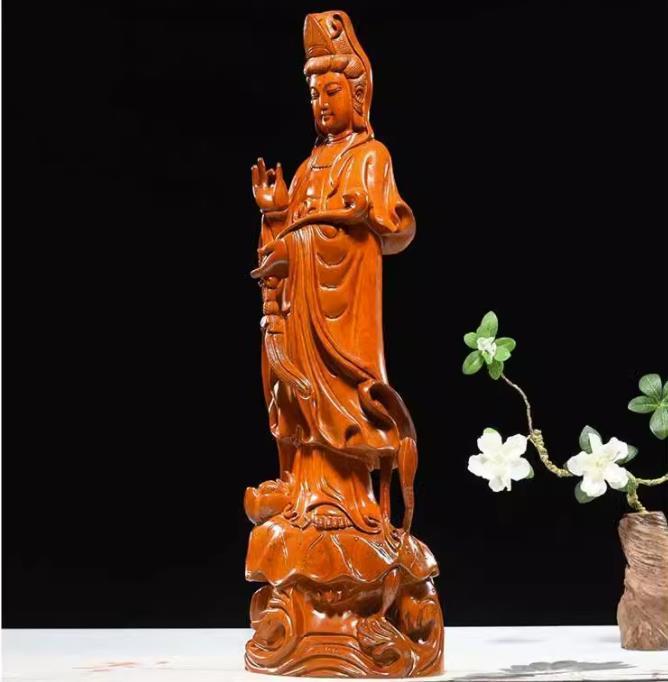 観音菩薩 置物 木彫仏像 仏教美術 精密細工 木彫り 天然木 仏像 高さ22cm-