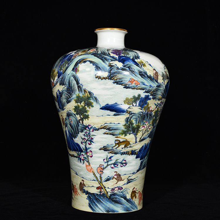 新着商品 ◇御泓軒◇『清・雍正年製款・古陶磁器・斗彩霊猿献寿梅瓶