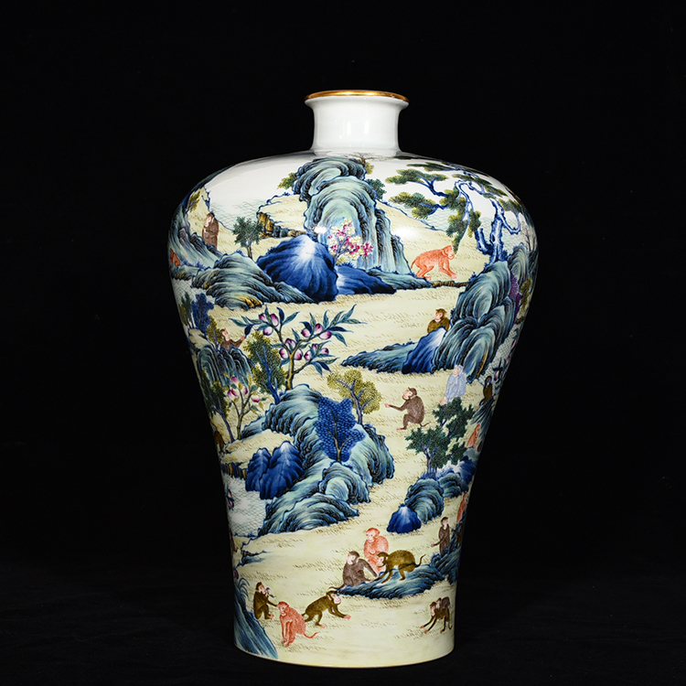 新着商品 ◇御泓軒◇『清・雍正年製款・古陶磁器・斗彩霊猿献寿梅瓶