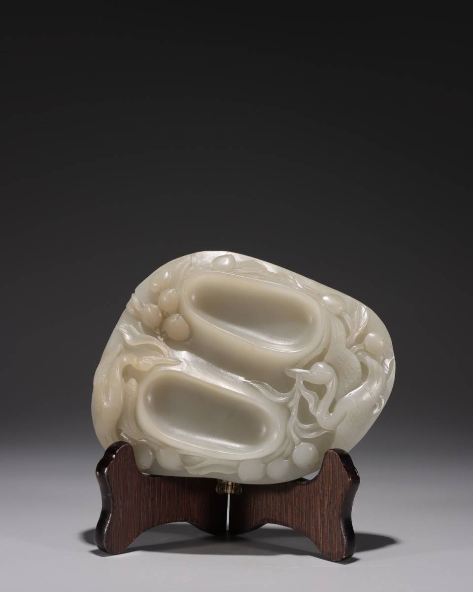 ▽鴻▽清朝時代 和田玉彫 仙鶴寿桃紋硯台 時代物 中国古美術 骨董品-