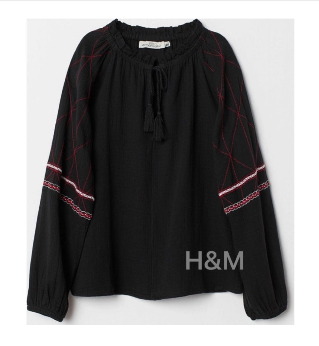H&M エイチアンドエム　コットン100%刺繍プルオーバー　 長袖シャツ　ブラック　黒　民族風　サイズ36