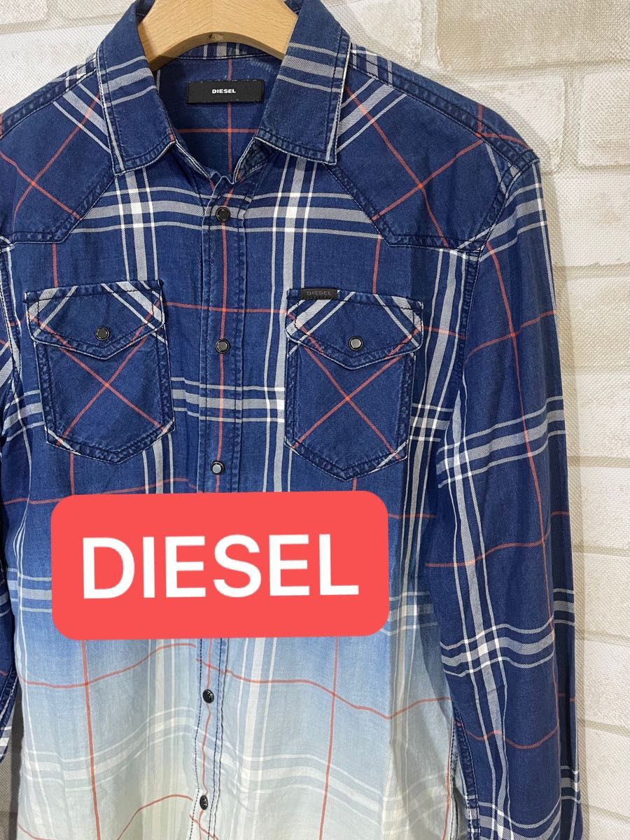 【DIESEL】ディーゼル　グラデーション　革ロゴ　ボタンシャツ