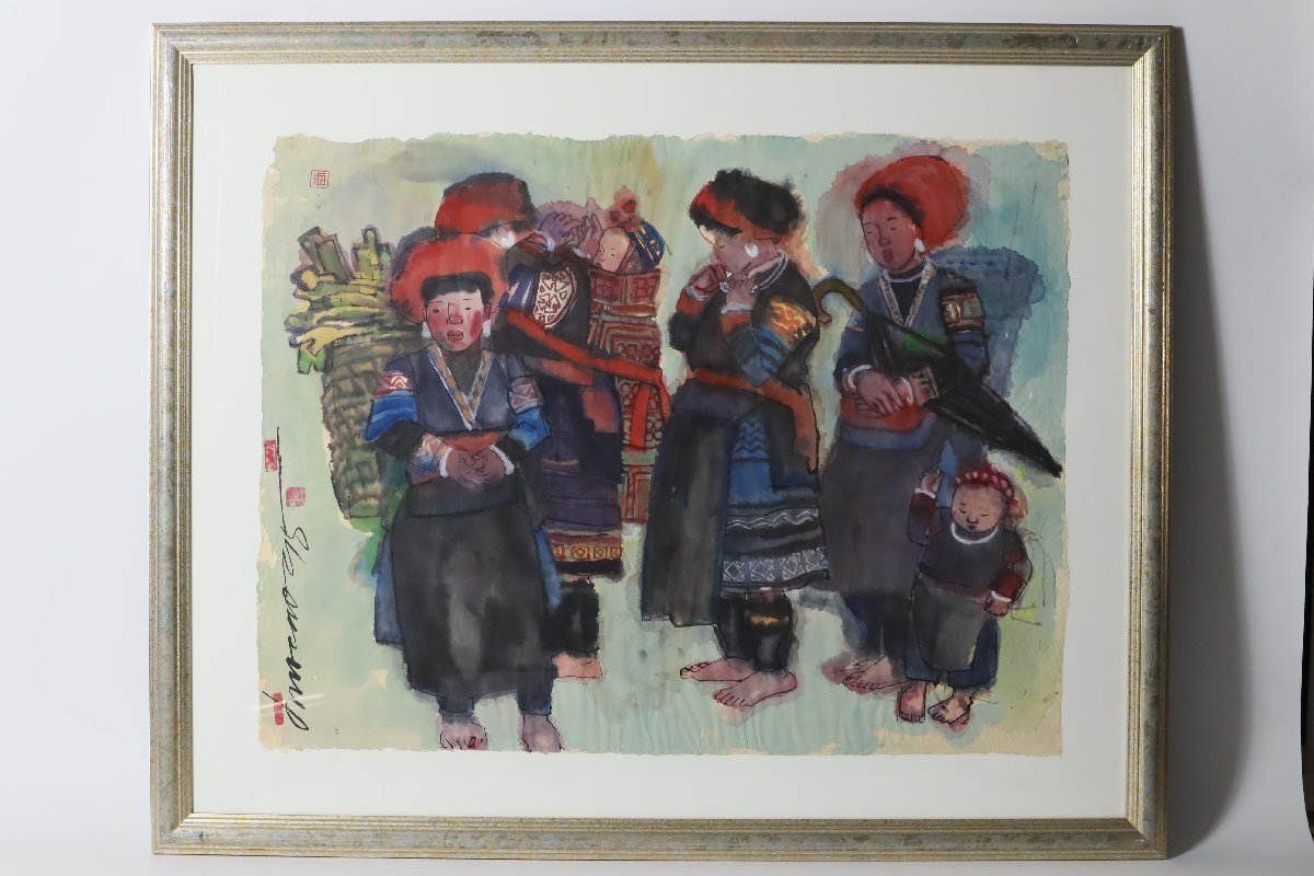  watercolor painting race . large frame goods 3 author autograph equipped / China morning . Tang thing chi bed mongoru part group 